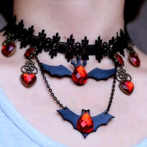 Gothic Black Lace & Red Gemstone Bat Choker